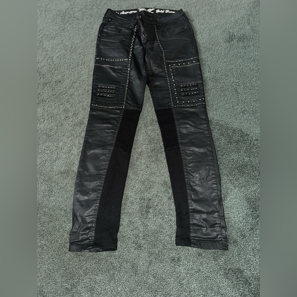 Robin's Jean Black Leather Straight Leg Jeans